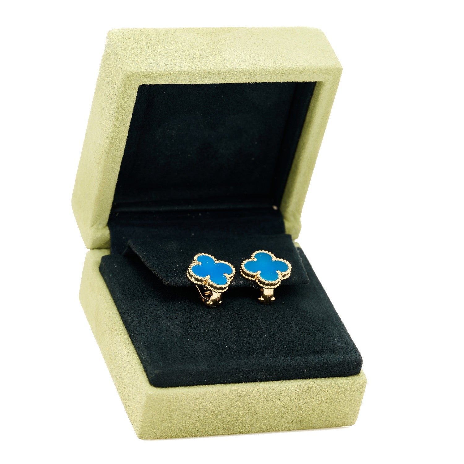 Van Cleef & Arpels 18K Yellow Gold Blue Agate Vintage Alhambra Earrings