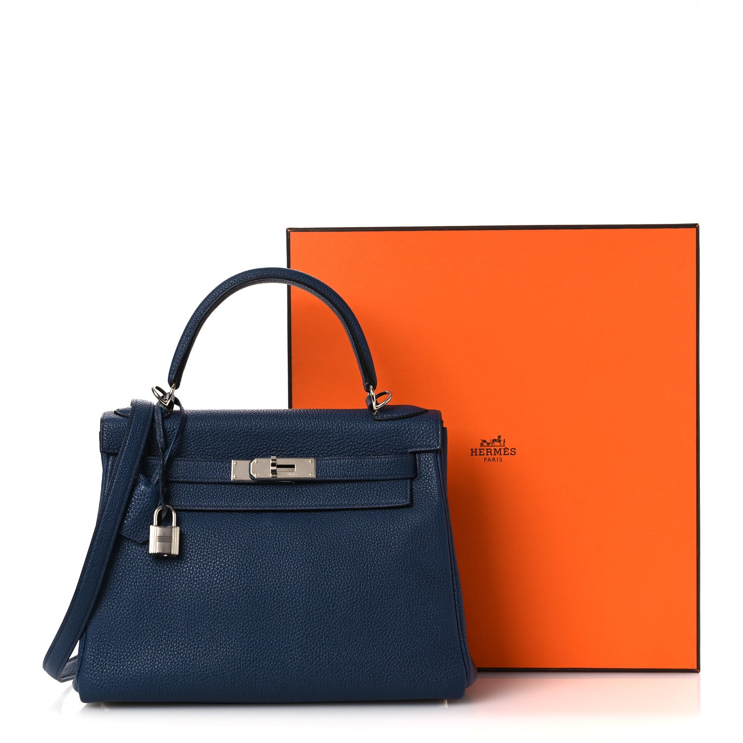 HERMES KELLY 28 RETOURNE BLEU DE PRUSSE TOGO SILVER HARDWARE