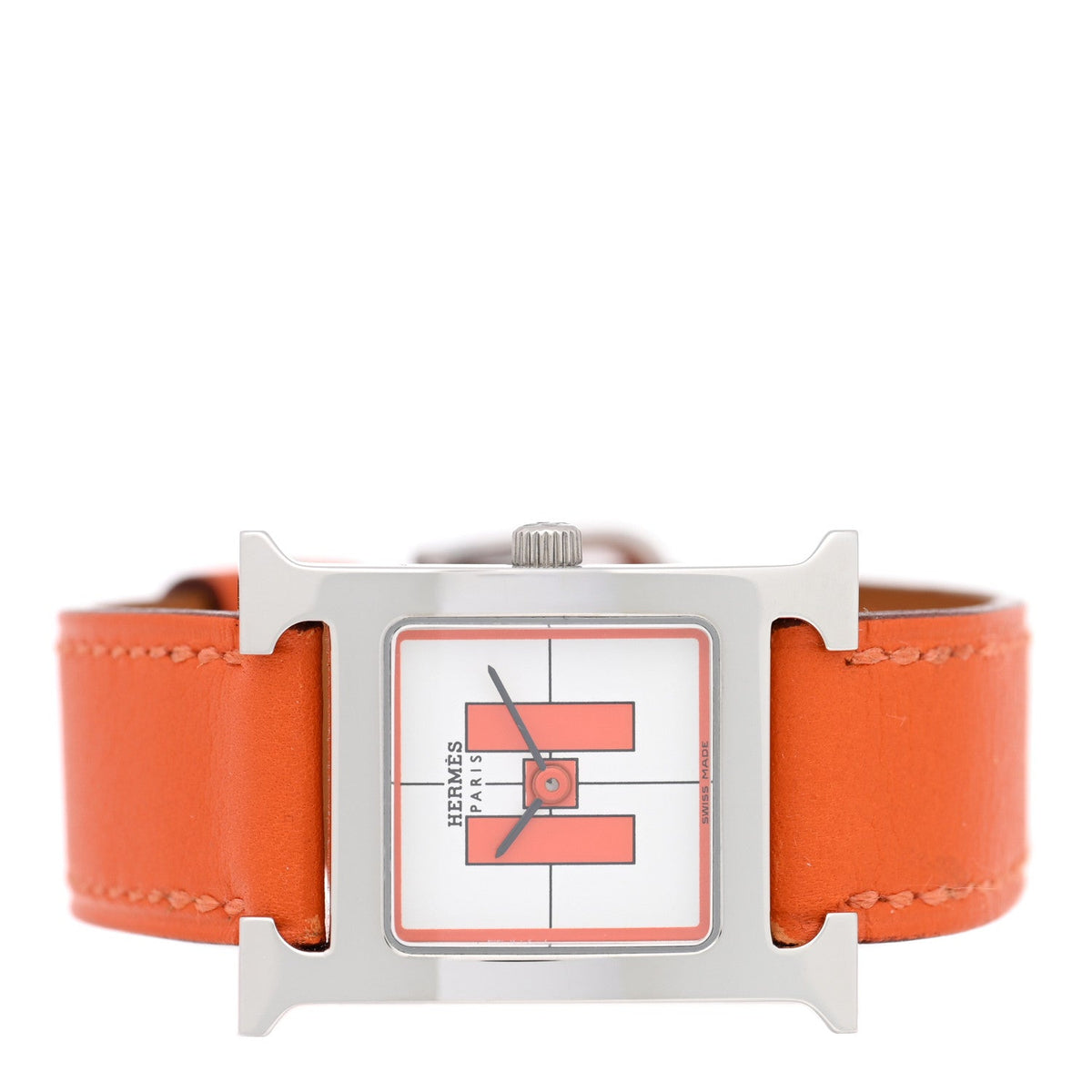 HERMES H WATCH 21mm STAINLESS STEEL ORANGE SWIFT