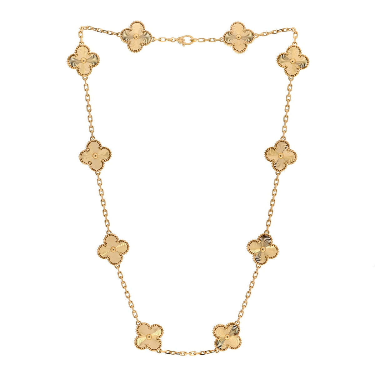 VAN CLEEF & ARPELS VINTAGE ALHAMBRA 10 MOTIFS NECKLACE GUILLOCHÉ 18K YELLOW GOLD