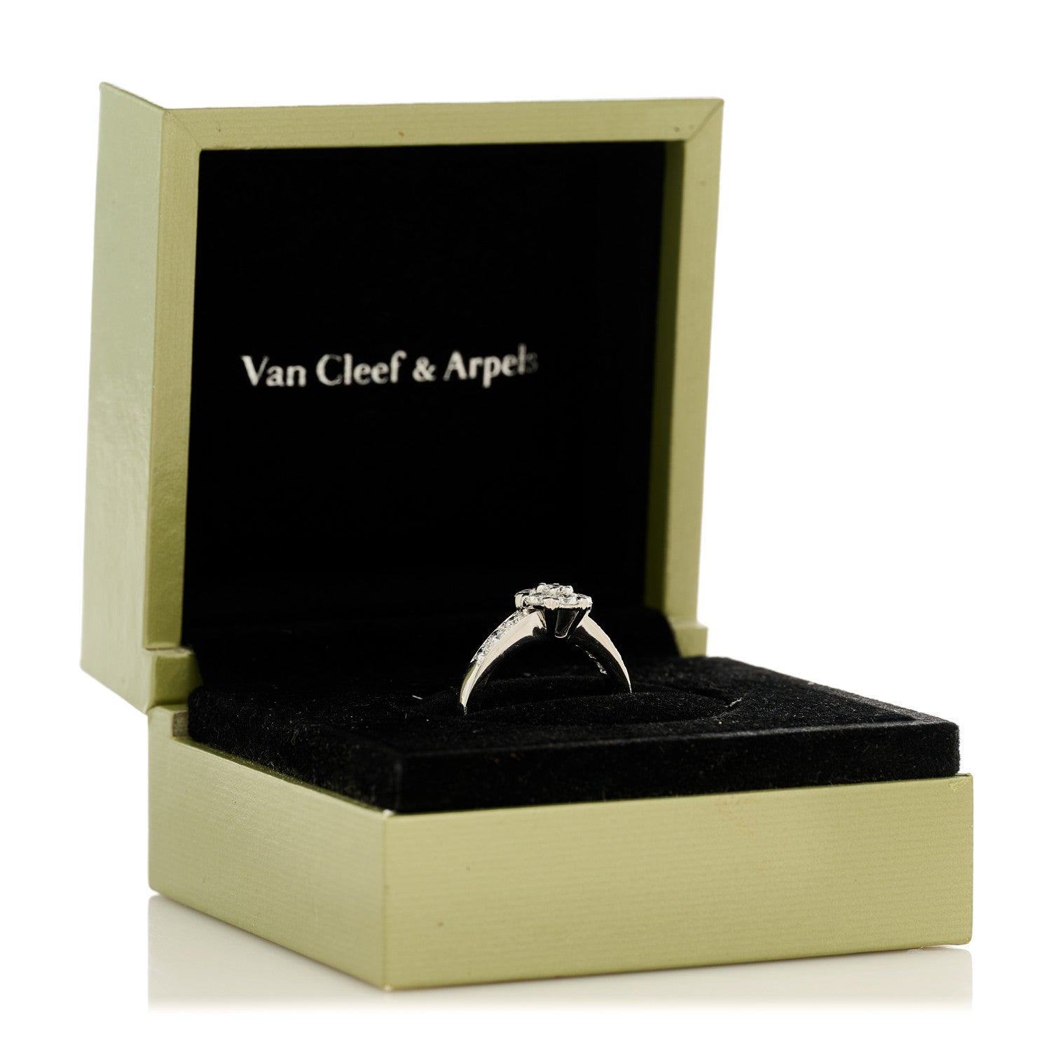 Van Cleef & Arpels 18K White Gold Diamond Fleurette Ring, Size 48, 4.5