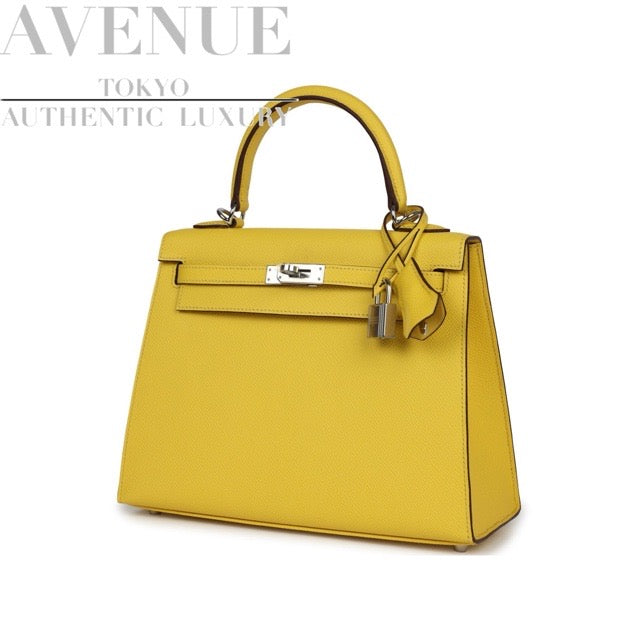 HERMES KELLY 25 RETOURNE JAUNE DE NAPLES EPSOM SILVER HARDWARE