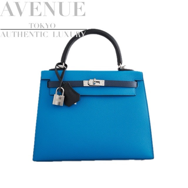 HERMES KELLY 25 SELLIER TRI-COLOR BLEU ZANZIBAR BLEU DE PRUSSE BLACK EPSOM SILVER HARDWARE