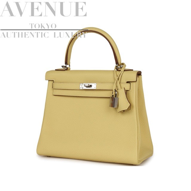 HERMES KELLY 25 RETOURNE JAUNE POUSSIN TOGO SILVER HARDWARE