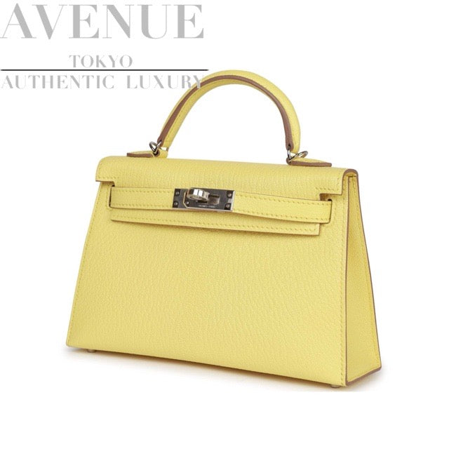 HERMES KELLY MINI 2 SELLIER 20 LIMONCELLO CHEVRE SILVER HARDWARE