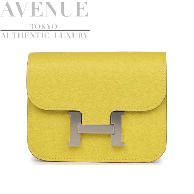 HERMES CONSTANCE SLIM WALLET LIME EVERCOLOR SILVER HARDWARE