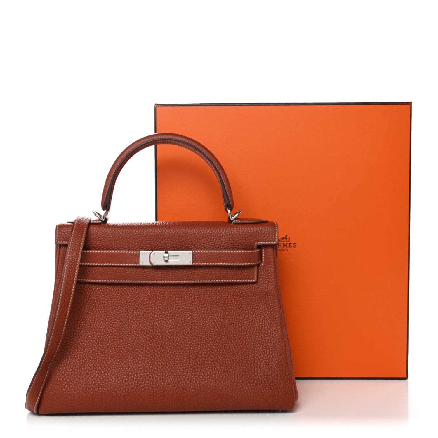 HERMES KELLY 28 RETOURNE SIENNE TOGO SILVER HARDWARE