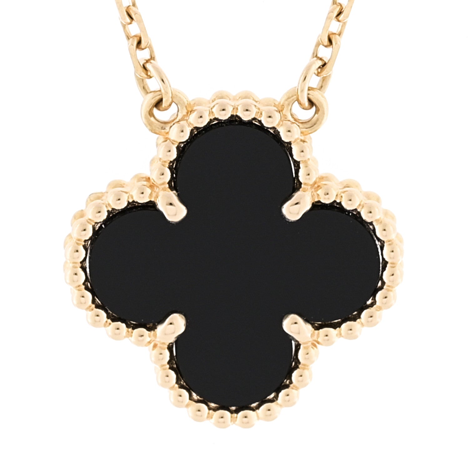 Van Cleef & Arpels 18K Yellow Gold Black Onyx Vintage Alhambra Pendant Necklace