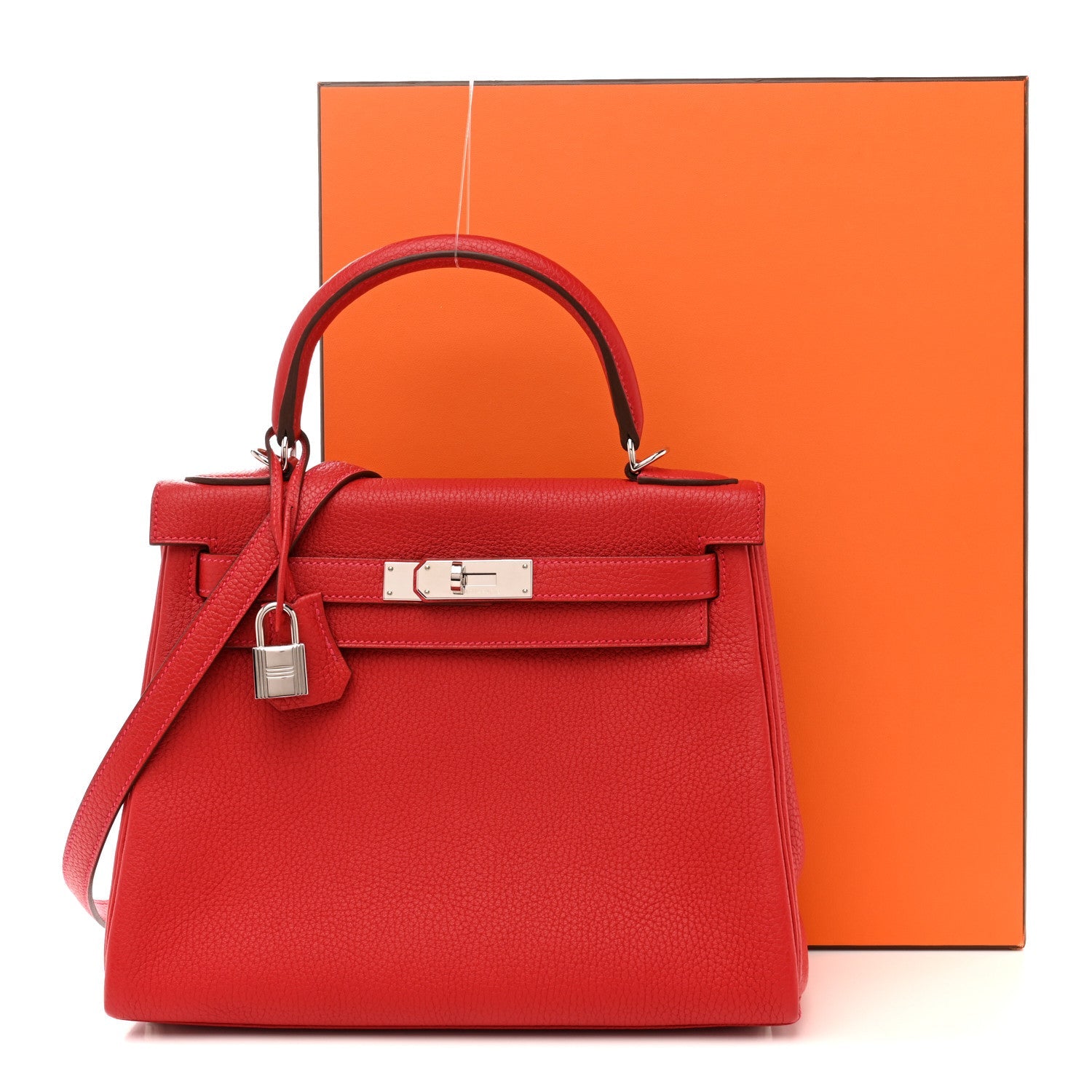 HERMES KELLY 28 RETOURNE ROUGE CASAQUE TOGO SILVER HARDWARE