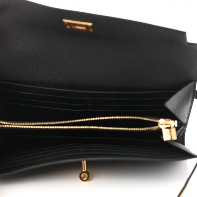 HERMES KELLY LONG WALLET BLACK EPSOM GOLD HARDWARE
