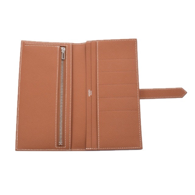 HERMES BEARN SOUFFLE GUSSET LONG WALLET GOLD EPSOM SILVER HARDWARE