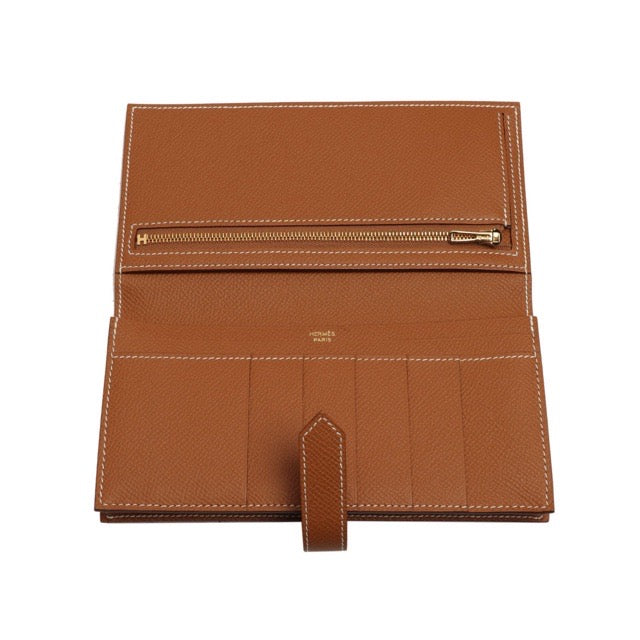 HERMES BEARN SOUFFLE GUSSET LONG WALLET GOLD EPSOM GOLD HARDWARE
