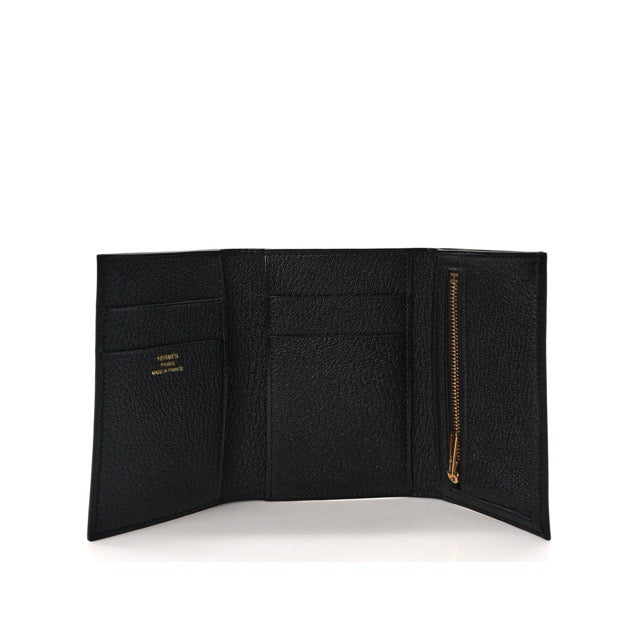 HERMES BEARN COMBINE TRI-FOLD WALLET BLACK CHEVRE ROSE GOLD PINK GOLD HARDWARE