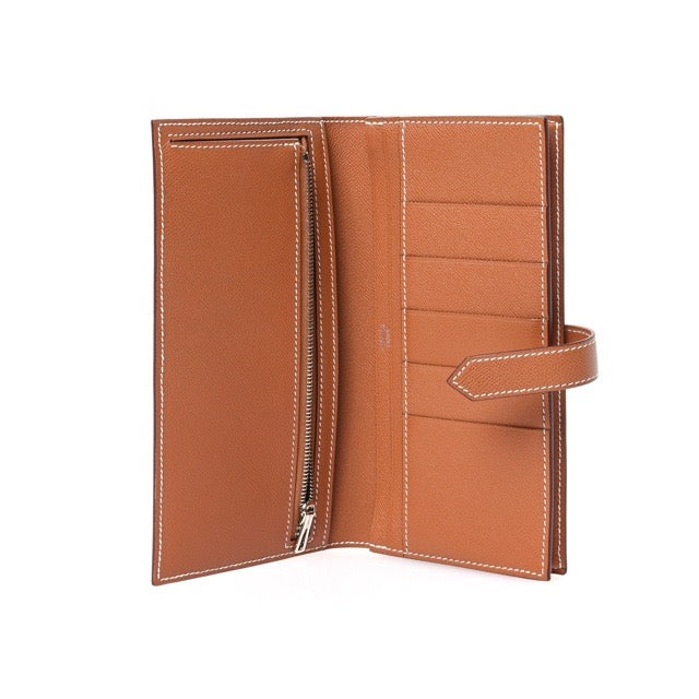 HERMES BEARN SOUFFLE GUSSET LONG WALLET GOLD MADAME SILVER HARDWARE