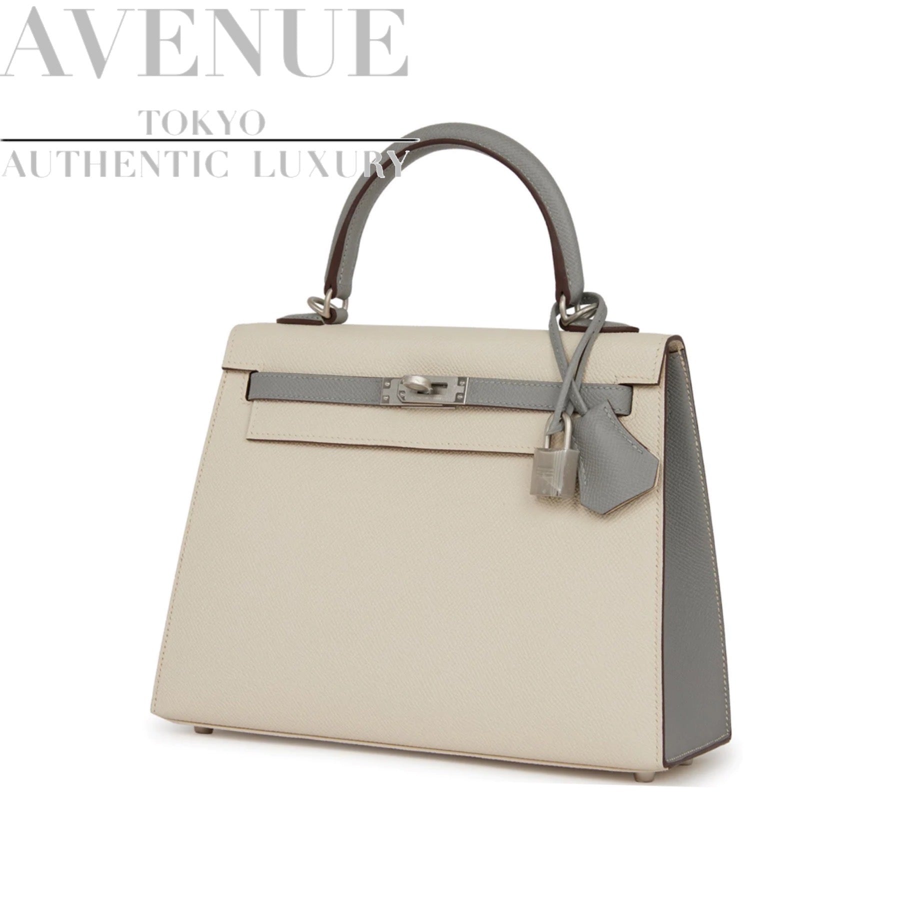 HERMES KELLY 25 SELLIER PERSONAL ORDER HORSESHOE BI-COLOR CRAIE GRIS MOUETTE EPSOM BRUSHED SILVER HARDWARE HSS