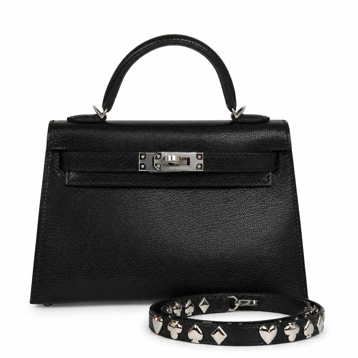 エルメス 限定品 ミニケリー ケリーミニ２ 外縫い クル・ドゥ・クール ブラック  シルバー金具 HERMES KELLY MINI 2 SELLIER 20 CLOU DE COEUR BLACK CHEVRE CHAMKILA SILVER HARDWARE