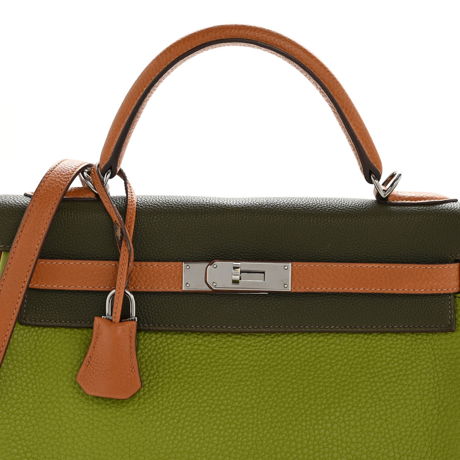 HERMES KELLY 32 SELLIER TRI-COLOR VERT ANIS GOLD VERT OLIVE FJORD / TOGO BLACK HARDWARE