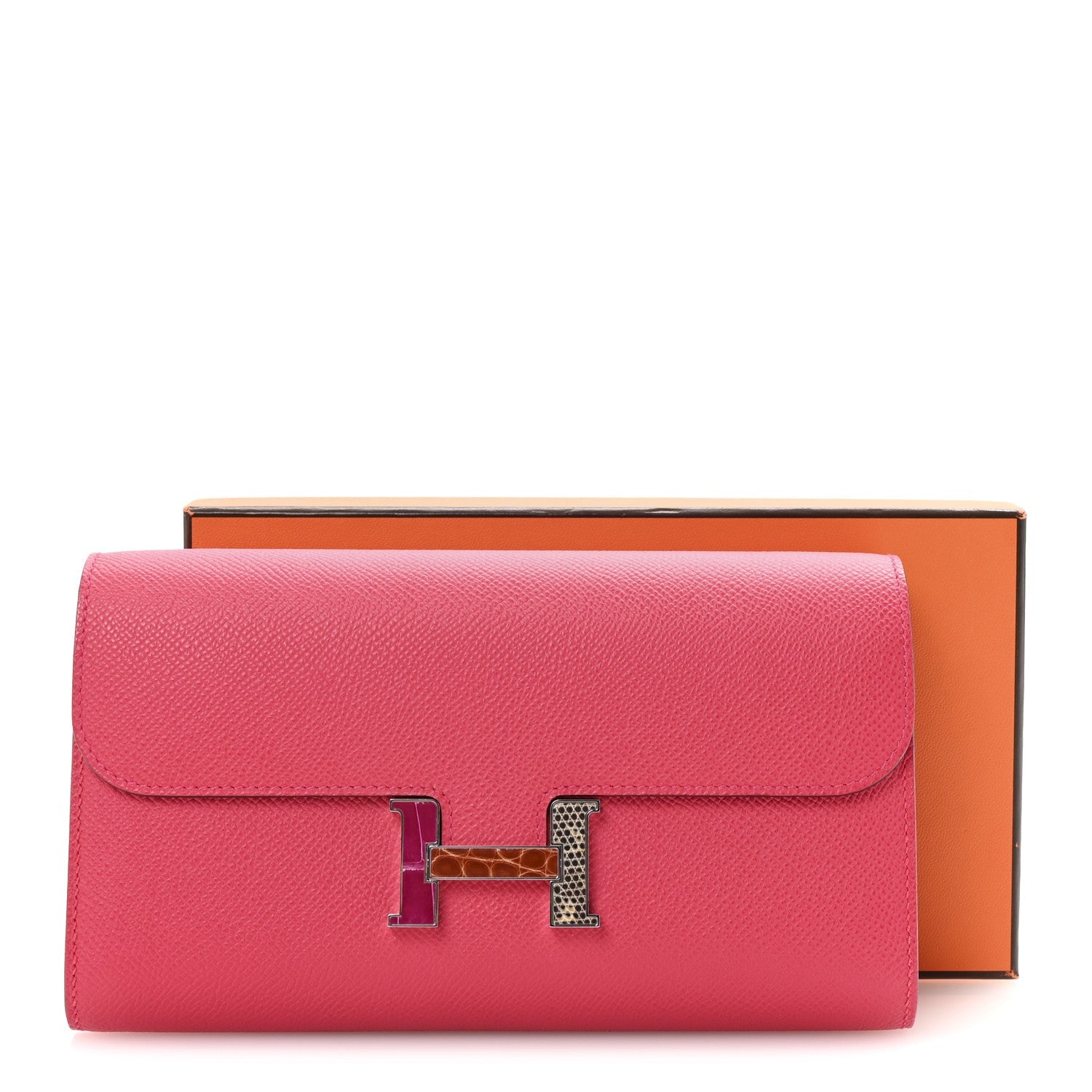 HERMES CONSTANCE TO GO WALLET ROSE EXTREME ALLIGATOR / LIZARD / EPSOM SILVER HARDWARE 