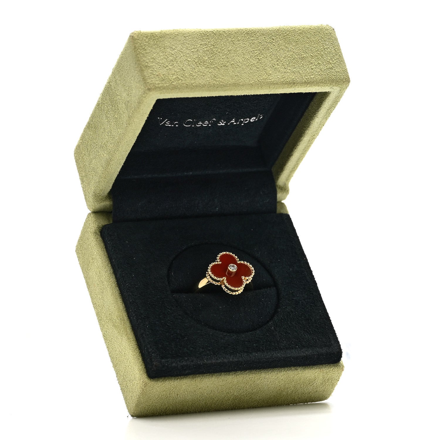 Van Cleef & Arpels 18K Yellow Gold Diamond Carnelian Vintage Alhambra Ring 52 6