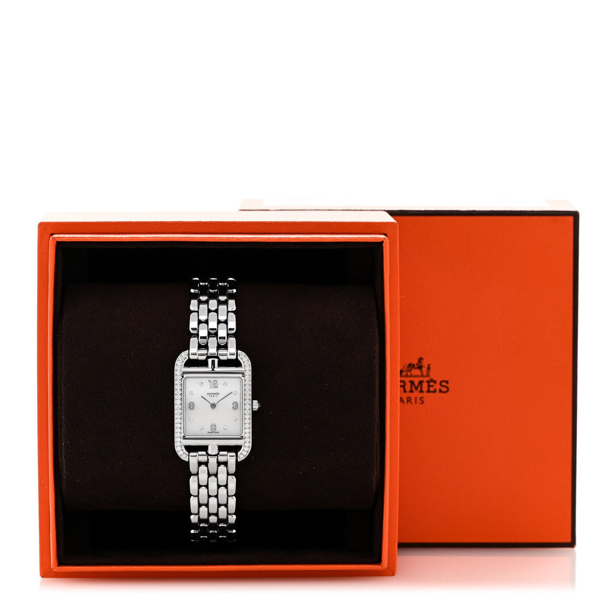 Hermes Cape Cod 23MM Quartz Watch Diamond Bezel Mother of Pearl Stainless Steel