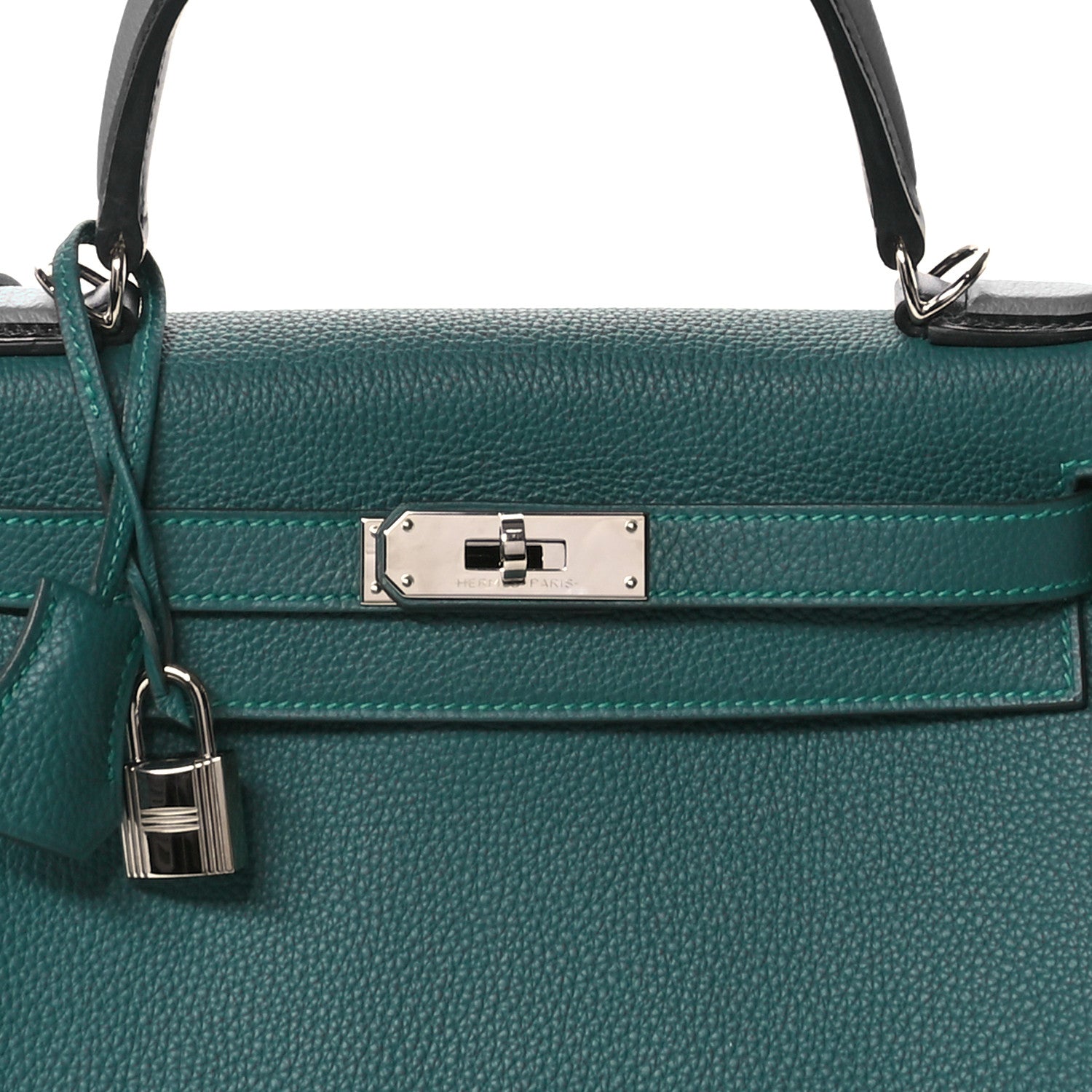 HERMES KELLY 28 RETOURNE AU PAS MALACHITE TURQUOISE BLACK TOGO CHEVRE MYSORE BOX CALF SILVER HARDWARE