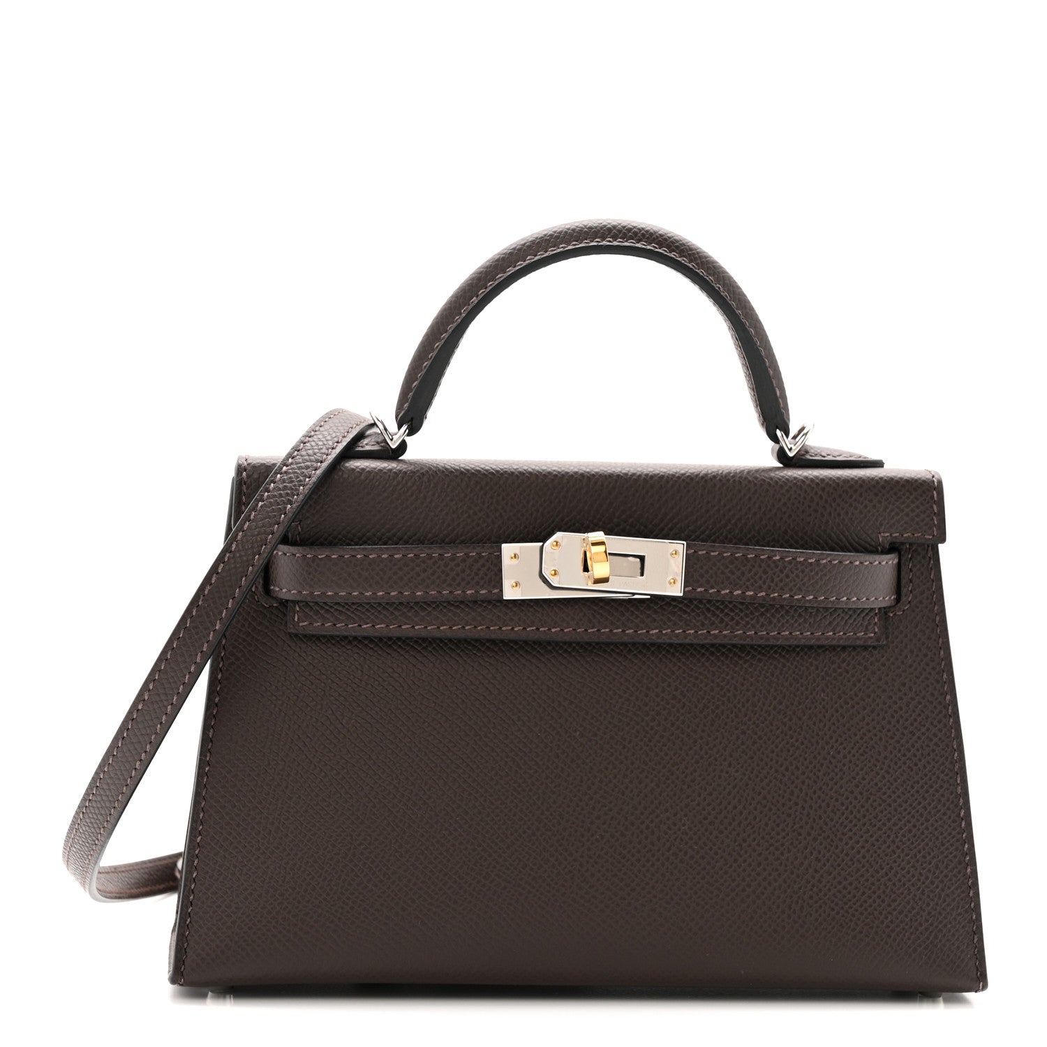 エルメス ミニケリー 20 外縫い Ebene エプソン エレクトラム金具 ゴールド金具/シルバー金具 HERMES MINI KELLY 20 SELLIER EBENE EPSOM