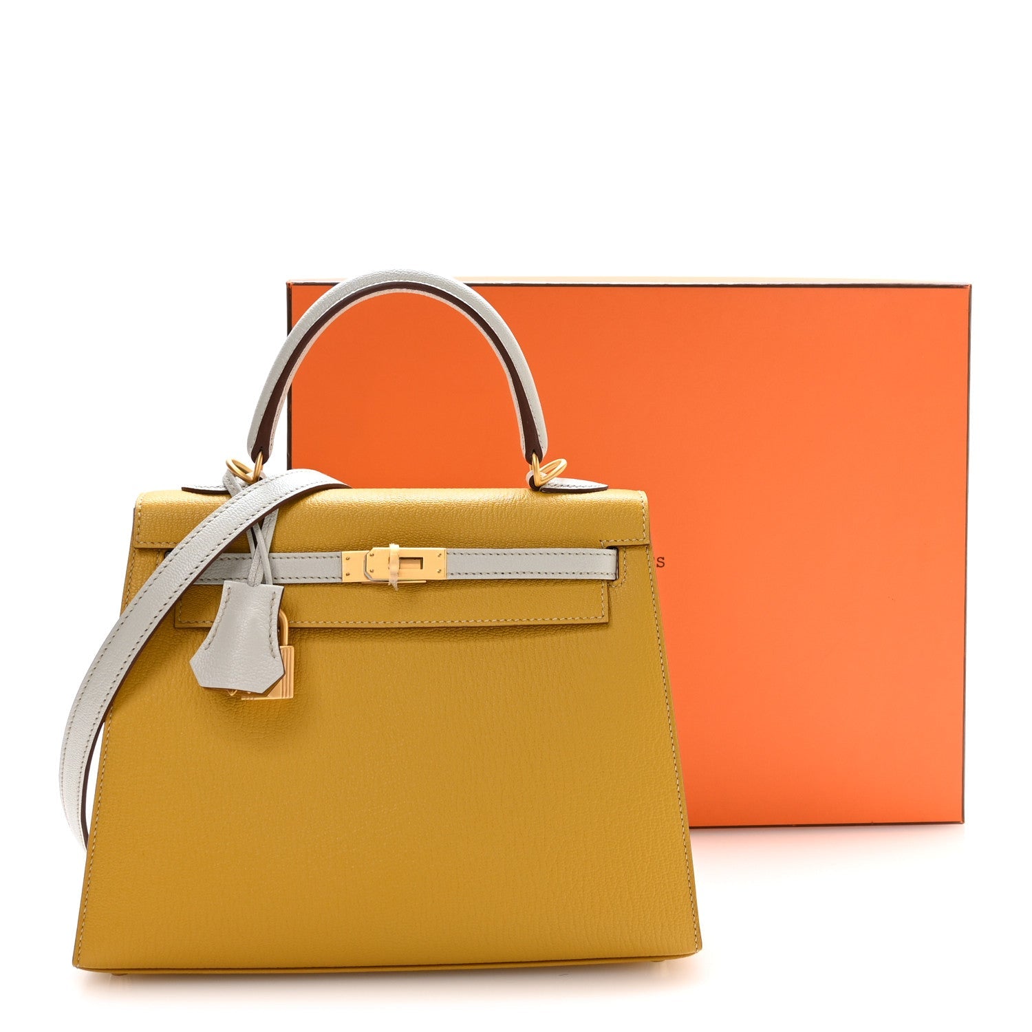 エルメス ケリー 25 HSS パーソナルオーダー 外縫い Jaune Ambre Bleu Glacier シェーブルミゾール シャンパンゴールド金具 HERMES KELLY 25 HSS PERSONAL ORDER SELLIER JAUNE AMBRE BLEU GLACIER CHEVRE MYSORE BRUSHED GOLD HARDWARE