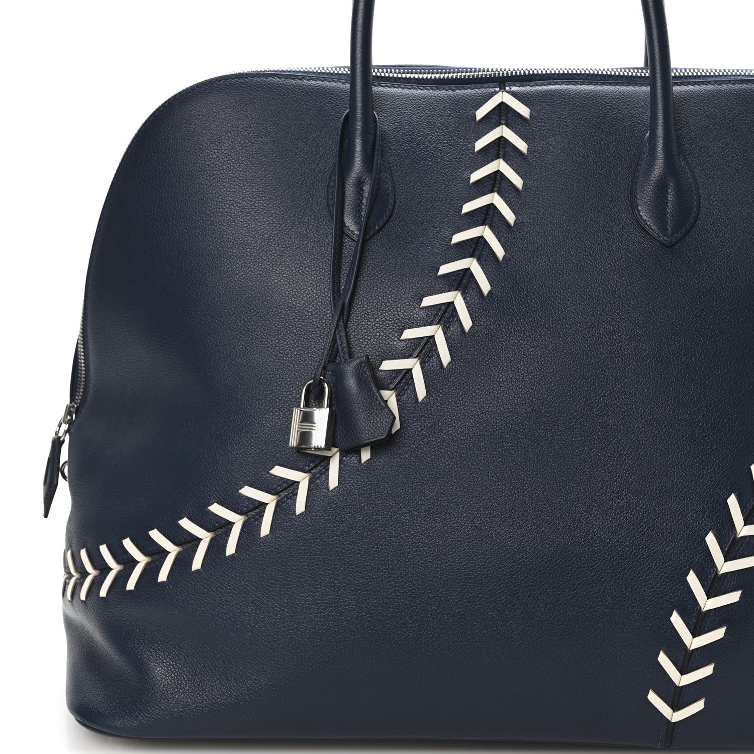 HERMES BOLIDE 1923 45 BASEBALL BAG BLEU DE MALTE BLANC EVERCOLOR SILVER HARDWARE