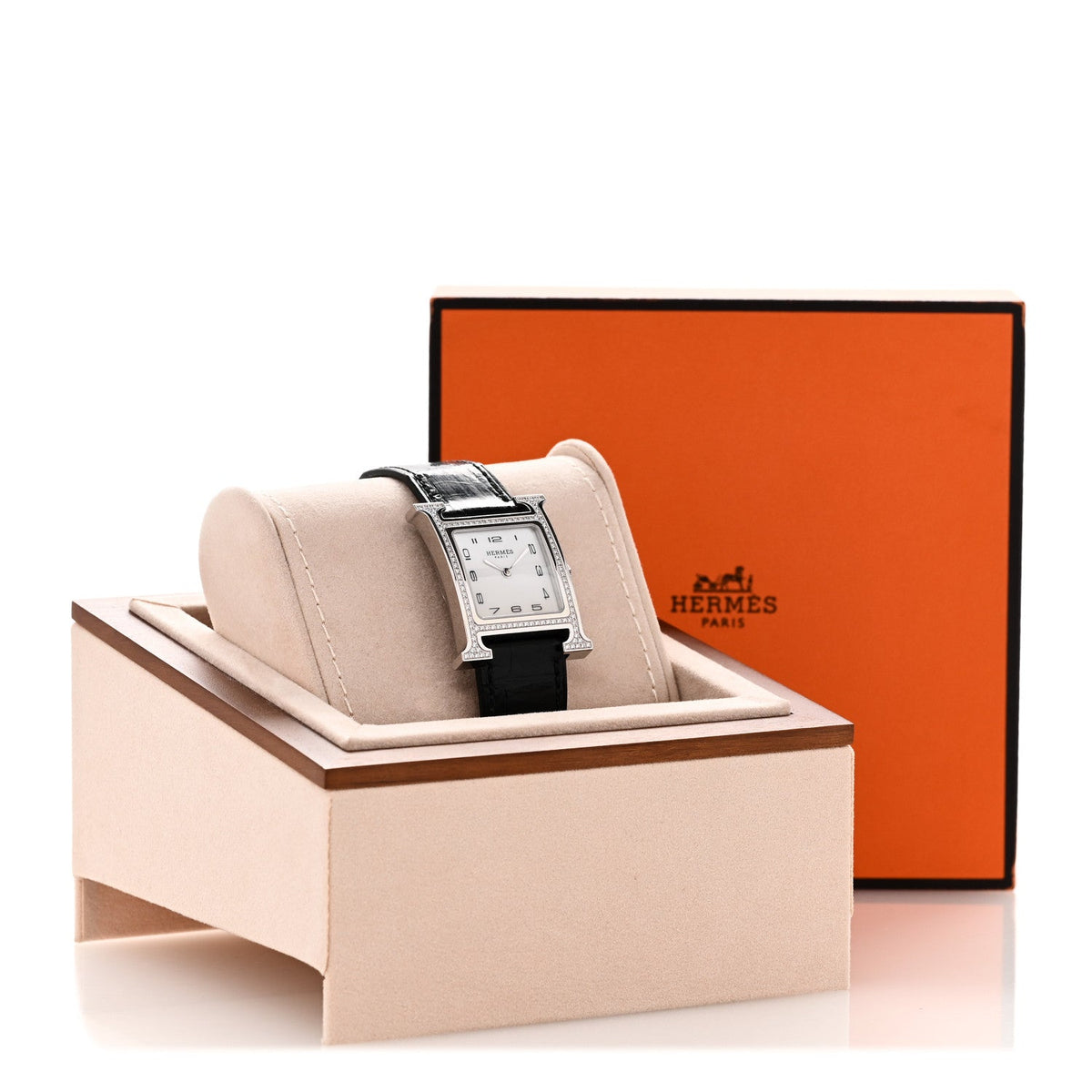 Hermes H 26MM Quartz Watch Noir Alligator Stainless Steel