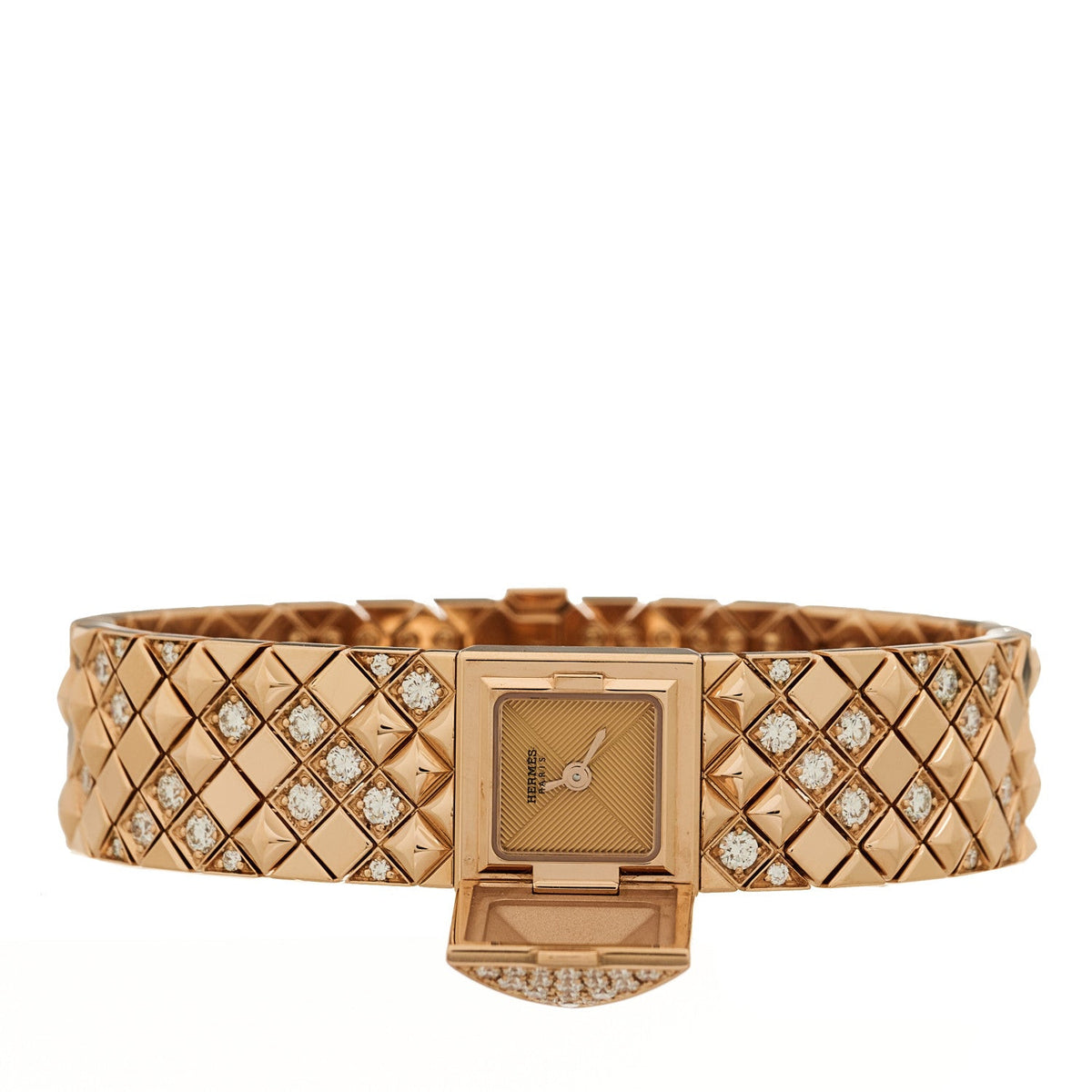 Hermes Medor 15MM Quartz Watch 18K Rose Gold with Diamonds