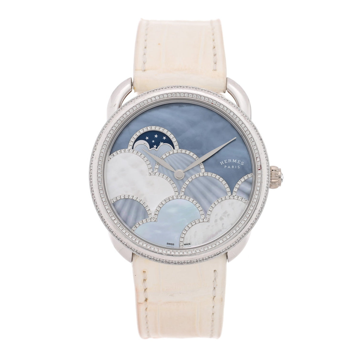 エルメス アルソー プチット リュヌ ウォッチ 38mm 18K ホワイトゴールド Blanc アリゲーター HERMES ARCEAU PETITE LUNE WATCH 38MM 18K WHITE GOLD BLANC ALLIGATOR