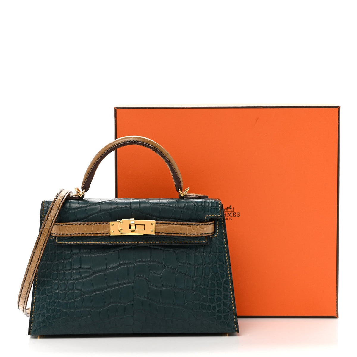 Hermès Mini Kelly 20 HSS Personal Order Sellier Vert Cypress Kraft Matte Alligator, Gold Hardware