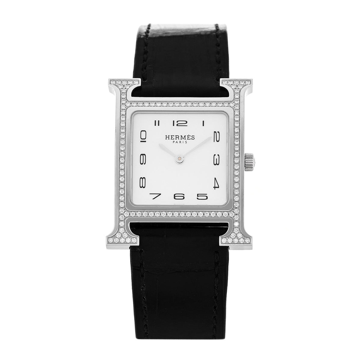 Hermes H 26MM Quartz Watch Noir Alligator Stainless Steel