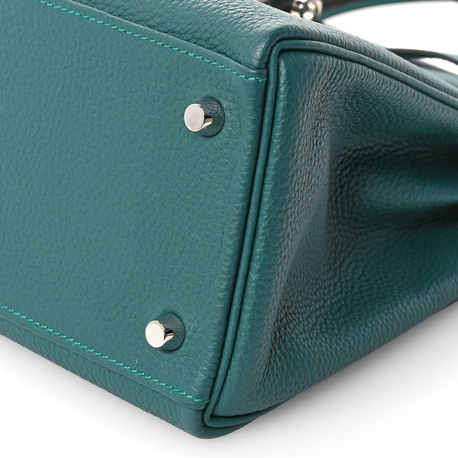 HERMES KELLY 28 RETOURNE AU PAS MALACHITE TURQUOISE BLACK TOGO CHEVRE MYSORE BOX CALF SILVER HARDWARE