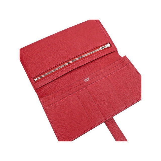 エルメス ベアンスフレ ベアンロングウォレット 長財布 ルージュカザック シェーブル シルバー金具 HERMES BEARN GUSSET WALLET ROUGE CASAQUE CHEVRE SILVER HARDWARE【中古】