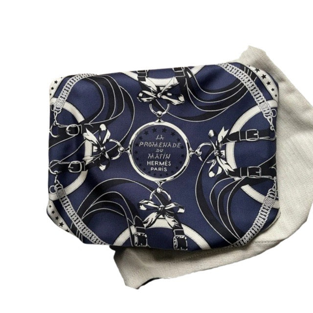 HERMES BALUSOIE BAG POUCH LA PROMENADE DU MATIN BANDANA BLEU INDIGO BLACK SILK VACHE HUNTER SILVER HARDWARE