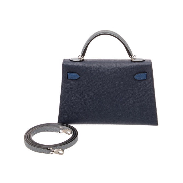 HERMES MINI KELLY 20 SELLIER TRI-COLOR BLEU ABYSSE GRIS PANTIN BLEU TIE EPSOM SILVER HARDWARE