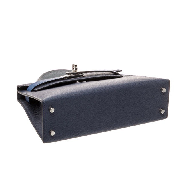 HERMES MINI KELLY 20 SELLIER TRI-COLOR BLEU ABYSSE GRIS PANTIN BLEU TIE EPSOM SILVER HARDWARE