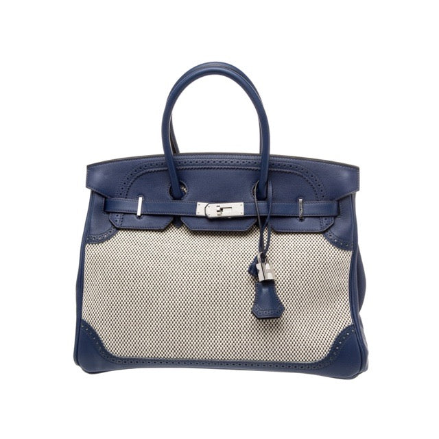 エルメス バーキン 35 ギリーズ Bleu Saphir Ecru トワル スイフト シルバー金具 HERMES BIRKIN 35 GHILLIES BLEU SAPHIR ECRU TOILE & SWIFT SILVER HARDWARE
