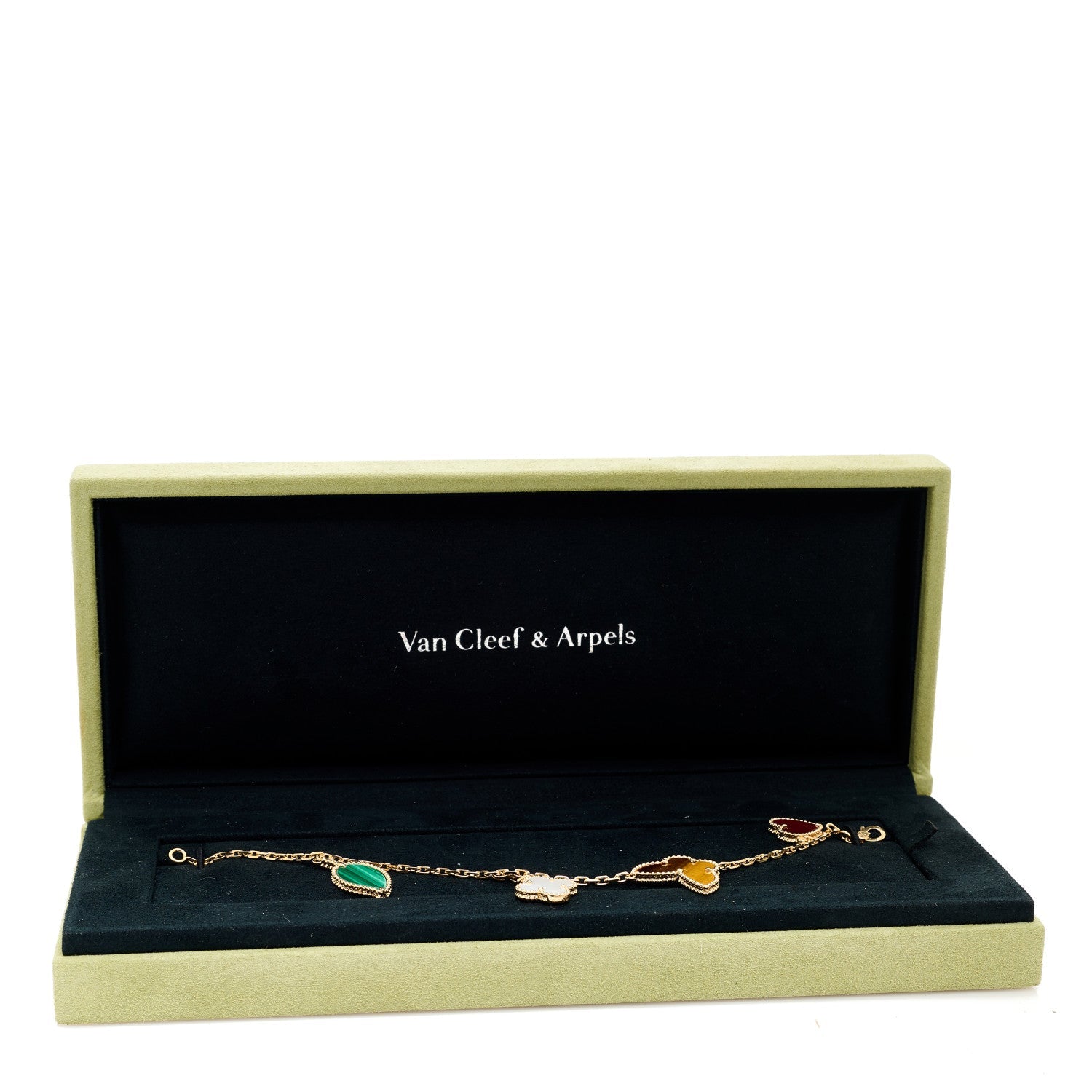 ヴァンクリーフ&アーペル 18Kイエローゴールド マザーオブパール マラカイト カーネリアン タイガーアイ 4モチーフ ラッキーアルハンブラブレスレット