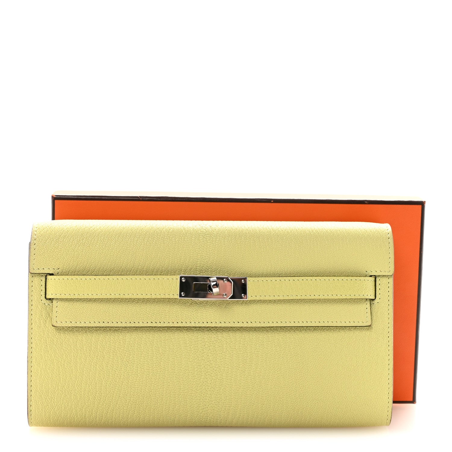 HERMES KELLY TO GO WALLET JAUNE BOURGEON CHEVRE MYSORE SILVER HARDWARE