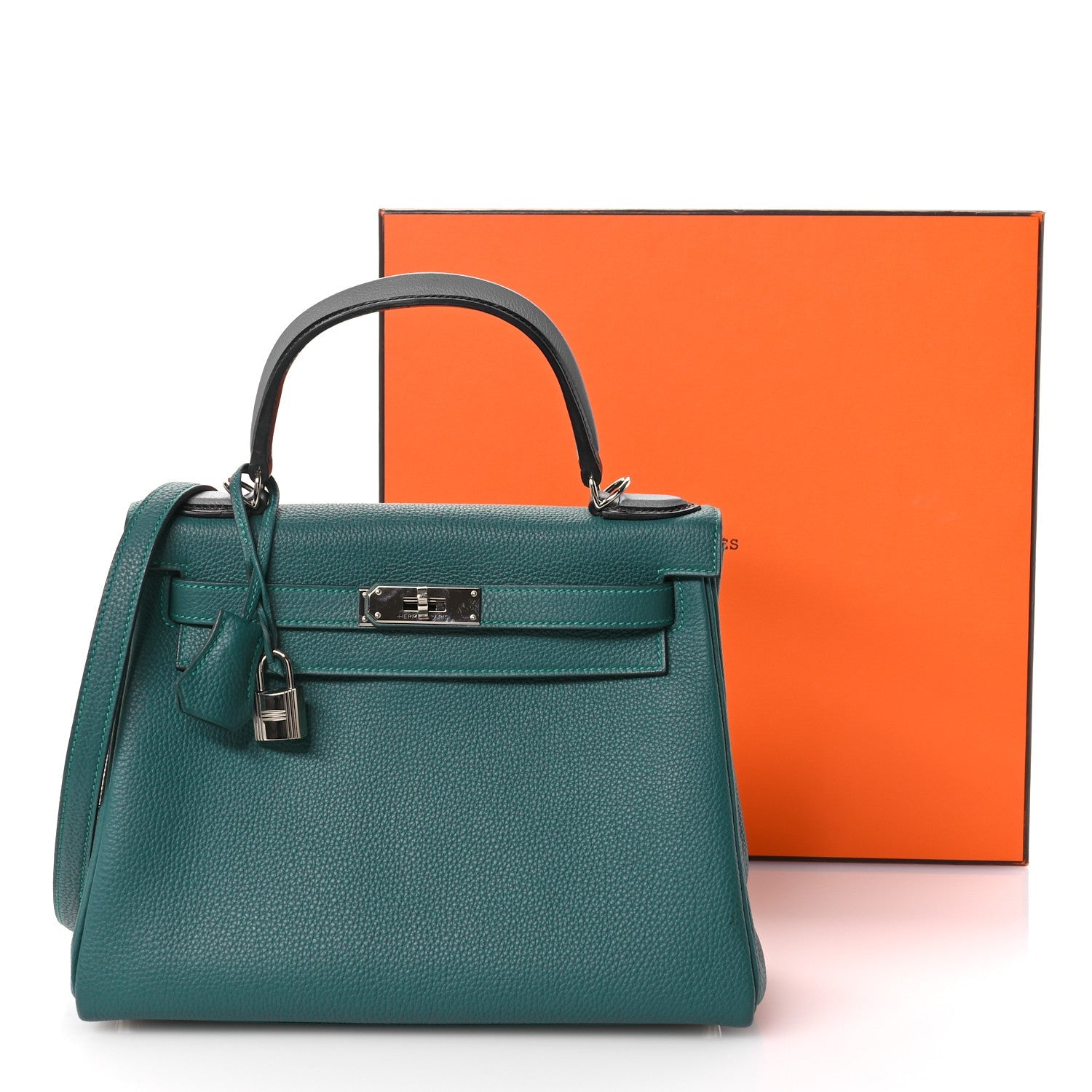 HERMES KELLY 28 RETOURNE AU PAS MALACHITE TURQUOISE BLACK TOGO CHEVRE MYSORE BOX CALF SILVER HARDWARE