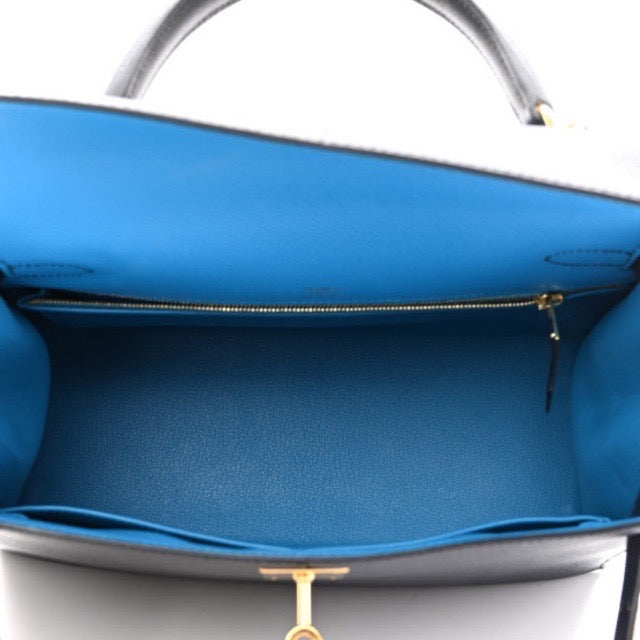 Hermes Kelly Casaque bag 28 Sellier Blue indigo/Black/Blue frida