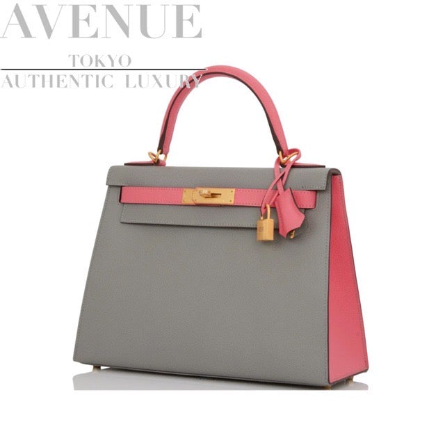 Hermes Special Order (HSS) Kelly Sellier 25 Rose Sakura and Nata Chevre  Brushed Gold Hardware