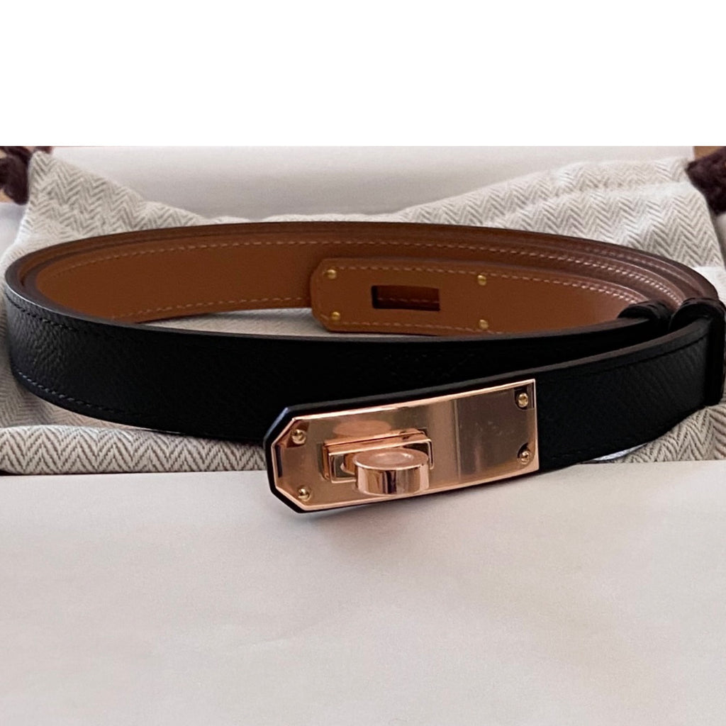 Shortest same day shipping [New unused] Made in 2022 Hermes Kelly belt  Black Rose gold metal fittings Pink gold metal fittings Turn lock belt  Epson